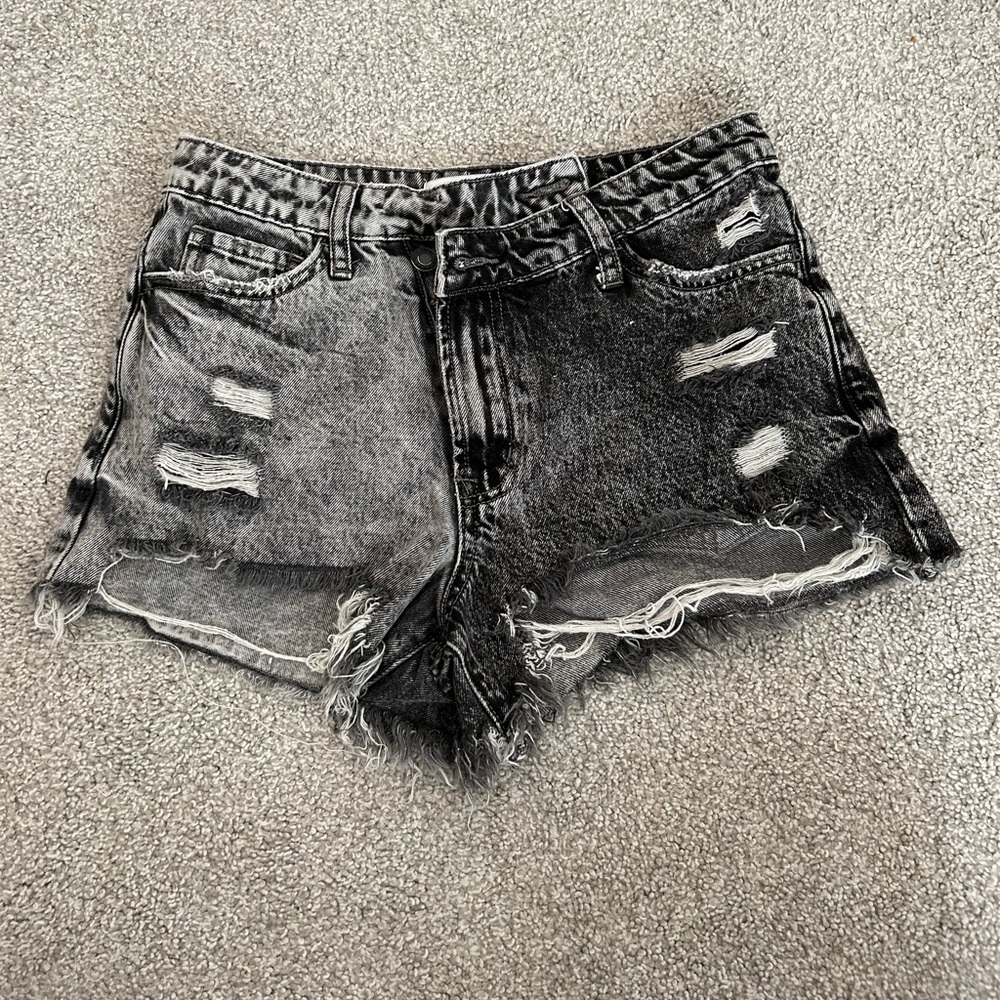 Two-Tone Distressed Black and Gray Denim Shorts